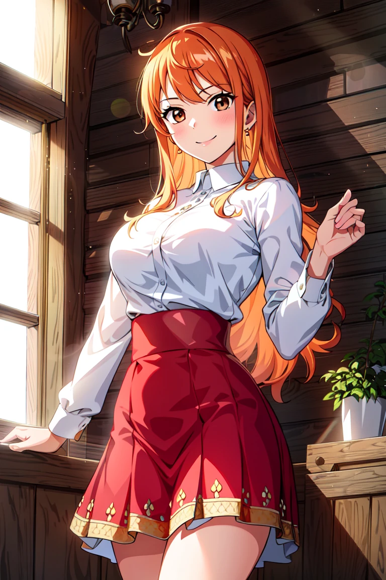 masterpiece, ((ultra detailed background, delicate pattern, intricate detail)), (highly detailed, fine details), best quality, beautiful lighting, ((medium breasts, slim girl)), NamiFinal, ((white shirt, red skirt)), simple shirt, 1girl, orange hair, solo, long hair, jewelry, brown eyes, smile, earrings, covered shoulders, (complex detailed background, inside, room environment, wooden walls, window, light rays), (cowboy shot),  <lora:NamiFinalTen:0.8>