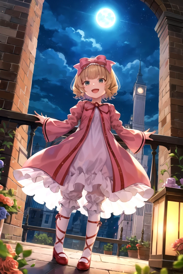 masterpiece, best quality, 1girl, <lyco:Hinaichigo-000010:1.0>, hinaichigo, bloomers, pantyhose, dress, bow, ribbon, shoes, outdoors, tall tower, rose, smile, night, balcony, open mouth, bricks, moon, standing, trellis, courtyard