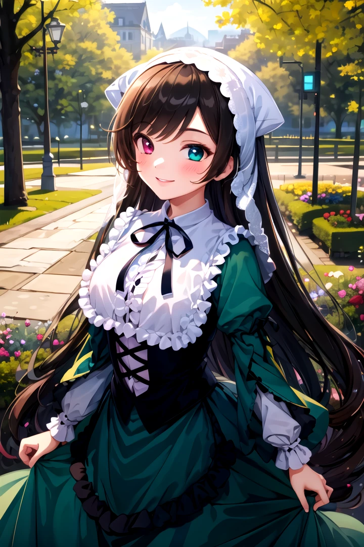 masterpiece, best quality, 1girl, <lyco:Suiseiseki-000010:1.0>, suiseiseki, frills, head scarf, bonnet, corset, smile, blush, dress, outdoors, nature