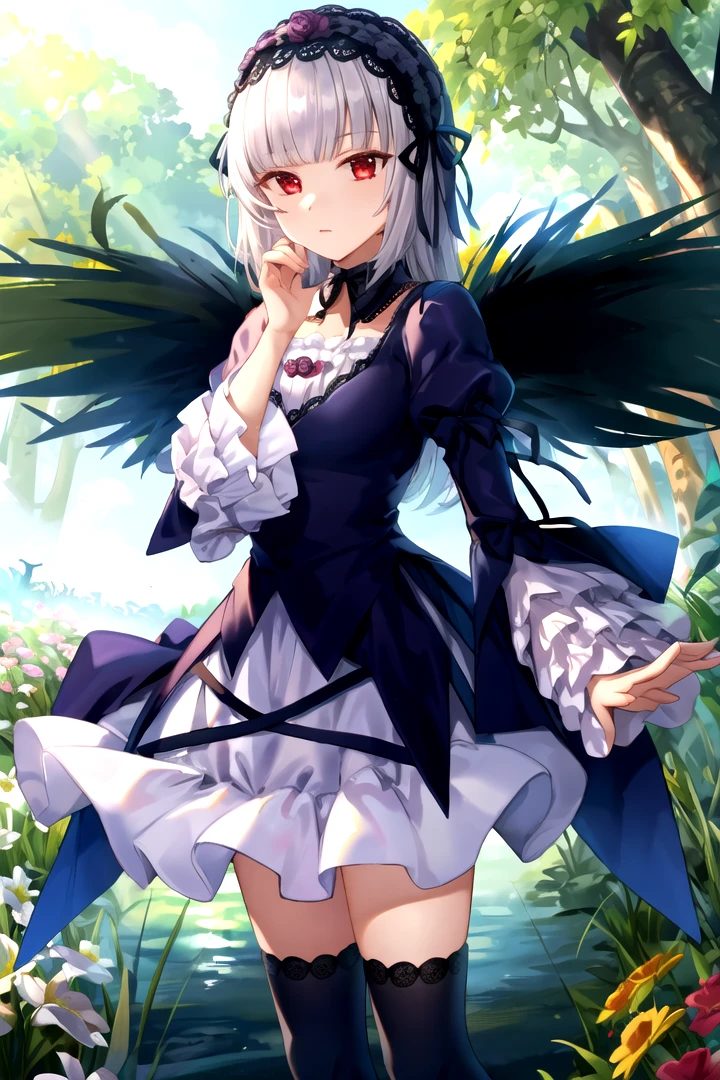 masterpiece, best quality, 1girl, <lyco:Suigintou-000014:1.0>, suigintou, hairband, detached collar, dress, thighhighs, wings, outdoors, nature