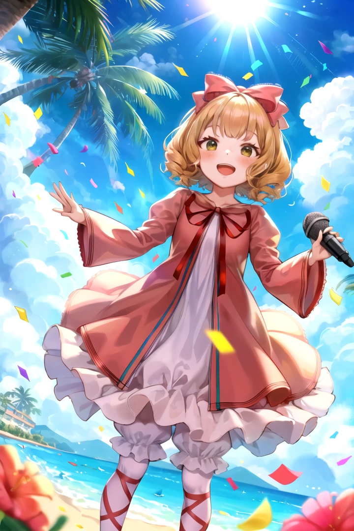 masterpiece, best quality, 1girl, <lyco:Hinaichigo-000010:1.0>, hinaichigo, bloomers, pantyhose, dress, bow, ribbon, bird, blue sky, blush, cloud, confetti, day, looking at viewer, microphone, music, open mouth, outdoors, palm tree, seagull, singing, sky, smile, solo, sunlight, tree