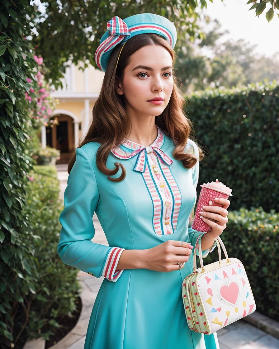 photo RAW,(by slim aarons of beautiful Instagram model dressed in kate spade fashion, sharp, magic realism), masterpiece, award winning photography, natural light, perfect composition, high detail, hyper realistic
