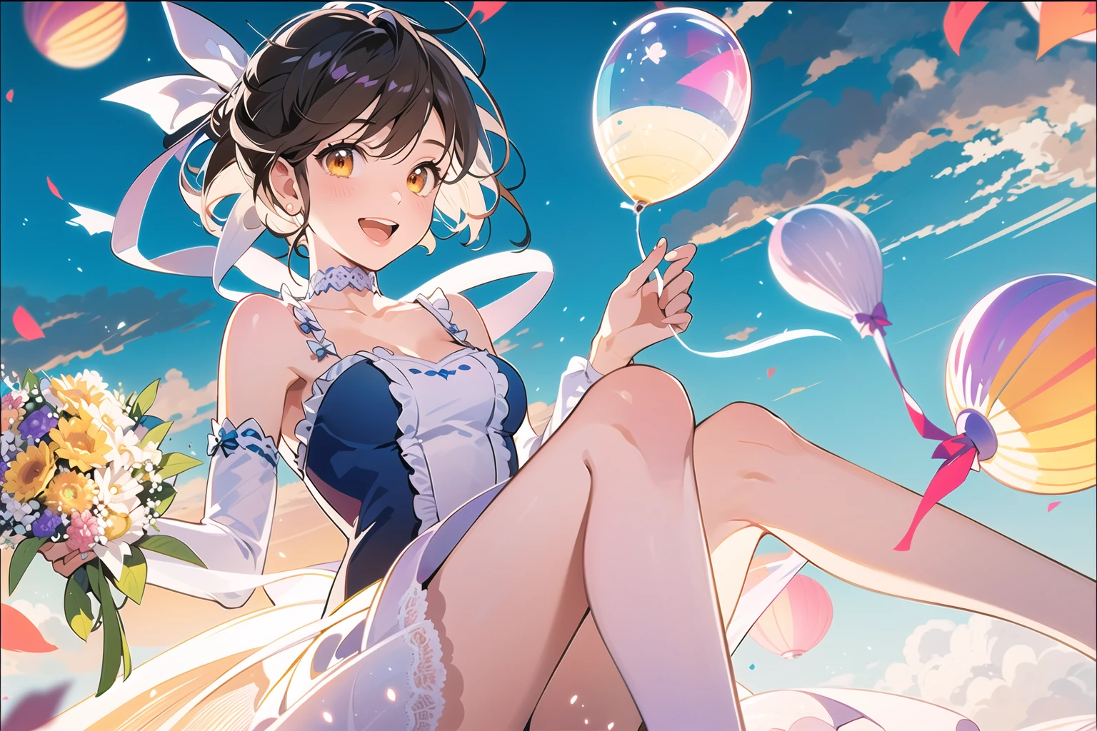 (best quality),(ultra detailed),(masterpiece)frisk (undertale),1girl, dress, white dress, solo, bow, flower, hair bow, detached sleeves, choker, english text, white flower, holding, white bow, short hair, hair ornament, brown hair, long sleeves, puffy sleeves, ribbon, frills, open mouth, bangs, feet out of frame, orange eyes, bouquet