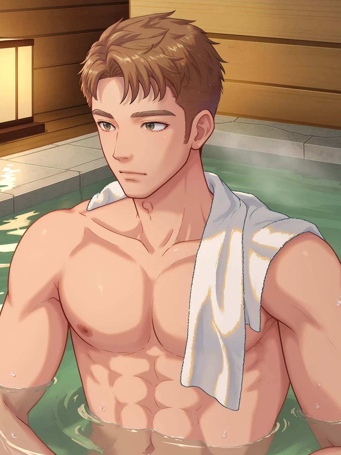 yoshinori,bath towel,upper body,muscular,1male,onsen,masterpiece, best quality, illustration,masterpiece,best quality,High resolution, hignity 8k wallpaper,detailed background,beautiful detailed water,fluttered detailed splashs,intricate detail,highres,�(detailed�light),((an�extremely�delicate�and�beautiful)),dramatic_shadow,ray_tracing <lora:yoshinori :0.9>