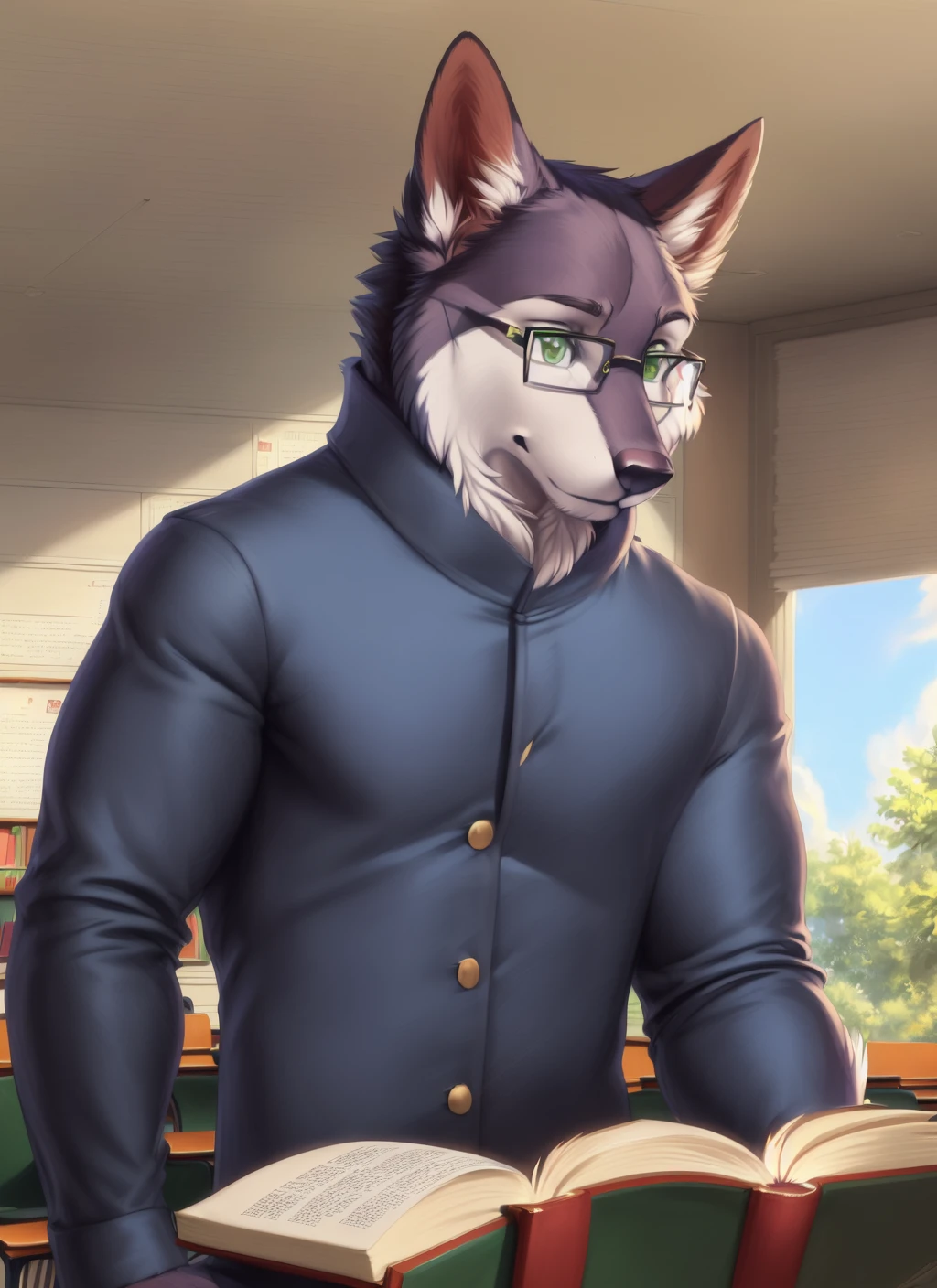 <lora:shoichiV2-07:1>, shoichi, solo, wolf tail, green eyes, (pose), (posing),  (soft shading), 4k, hi res, ((detailed face, detailed eyes, detailed)), (full body), by zackarry911, by zaush, (by personalami:0.5), gakuran, school uniform, black fur, glasses, sitting, book