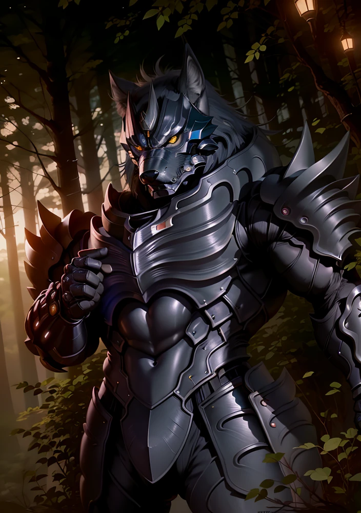 art by midjourney, CGI_Animation, (masterpiece:1.3), (best quality:1.5), anthro, (muscular), old, aged up, ((male)), (full body shot), dynamic lighting, ((male)), thick muscular body, powerful muscular body, ((bodybuilder body and wide powerful body and wide thick muscular body and powerful male body and muscles and muscled and thick arms and powerful arms and muscular arms and thick thighs and powerful legs and muscular legs and thick chest and wide chest and muscular chest and muscular abs and rippling muscles and powerful shoulders and muscular shoulders and muscular butt and thick muscular neck and powerful muscular back)), cinematic lighting, 8K, hi-fi, (perfect proportions:1.2), (armored muscular man:1.5), sharp focus, (illustration:1.1), (detailed), (intricate), (8k), (HDR), (cinematic lighting), (sharp focus), (color grading), black leather body suit, polished black armor, a wolf headed man in black armor with a horned wolf face helmet, glowing yellow eyes, Zen Aku, Zen-Aku, <lora:Zen Aku:1>
