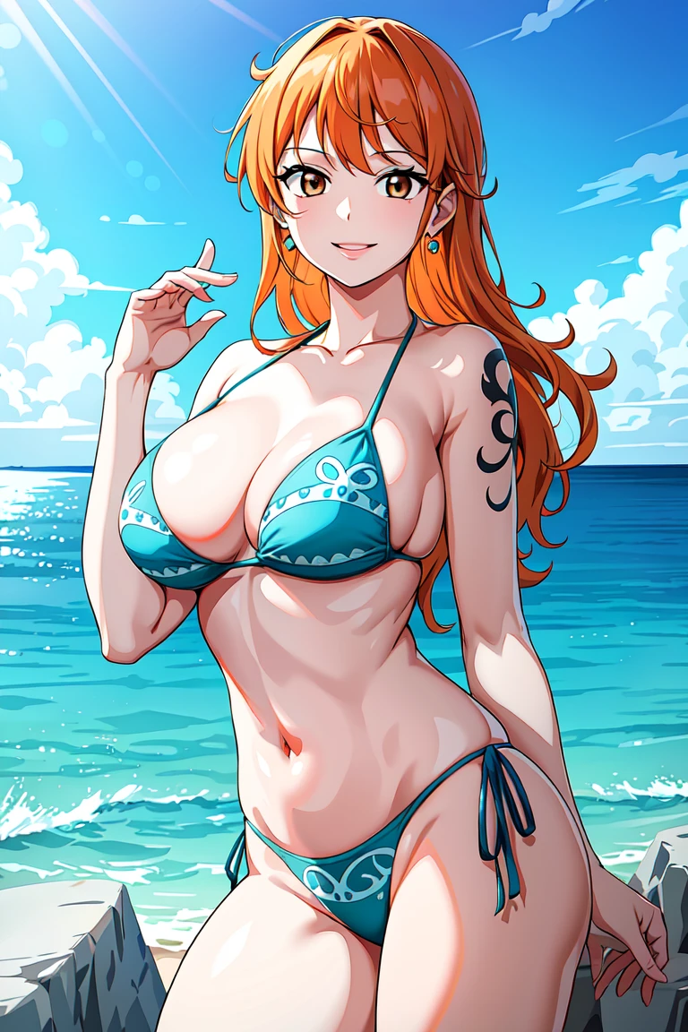 masterpiece, ((ultra detailed background, delicate pattern, intricate detail)), (highly detailed, fine details), best quality, beautiful lighting, ((medium breasts, slim girl)), NamiFinal, ((bikini, swimsuit)), simple shirt, 1girl, orange hair, solo, long hair, jewelry, brown eyes, smile, earrings, ((blue tattoo, left shoulder tattoo)), (complex detailed background, barren land, rocks, ocean, oustide, nature environment), (cowboy shot), <lora:NamiFinalTen:0.85>