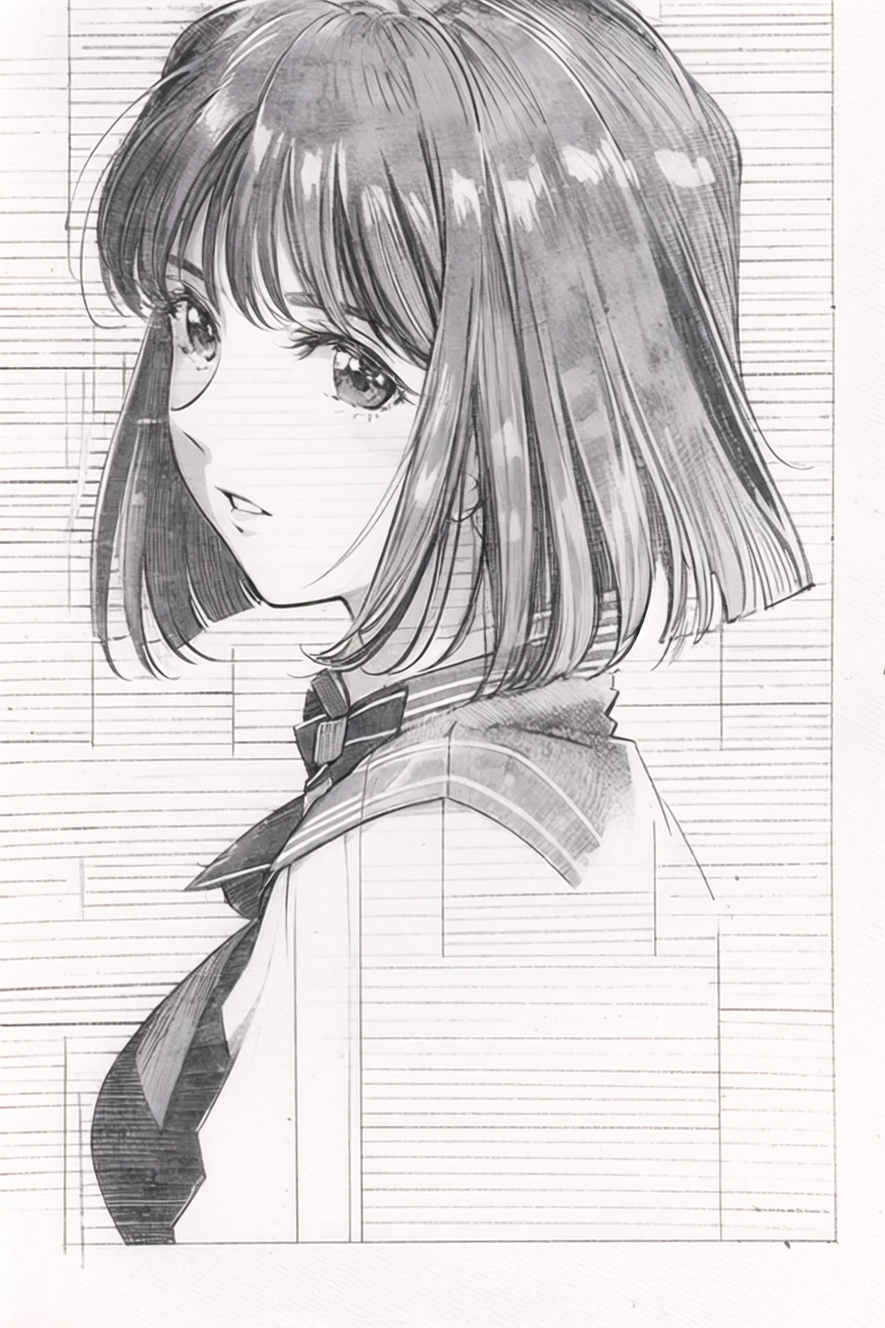 1girl, solo, monochrome, greyscale, tomoe hotaru, short hair, traditional media, looking at viewer, bob cut, parted lips, graphite (medium), white background, from side, sailor saturn, upper body, <lora:sakura2:0.8>