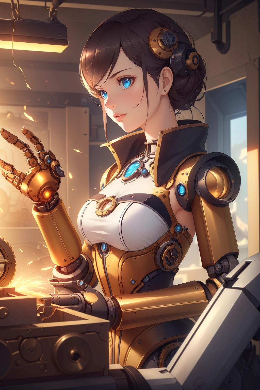 (masterpiece, best quality:1.4), (beautiful, aesthetic, perfect, intricate:1.2), (depth of field), octane render, wallpaper, 8k, hdr, (wallpaper:0.8), unreal engine, unity engine, cinematic light, (victorian era:0.8), (Dramatic), workshop, (steampunk girl with a robotic arm:1.3), (cogs:1.1), sparks, (working, tinkering:1.1)