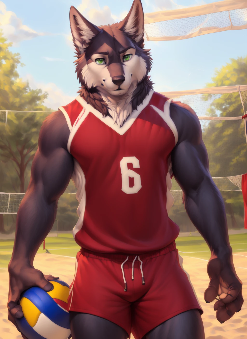 <lora:shoichiV2-07:1>, shoichi, solo, wolf tail, green eyes, (pose), (posing), (soft shading), 4k, hi res, ((detailed face, detailed eyes, detailed)), (full body), by zackarry911, by zaush, (by personalami:0.5), sportswear, sports uniform, volleyball net, volleyball court, red uniform