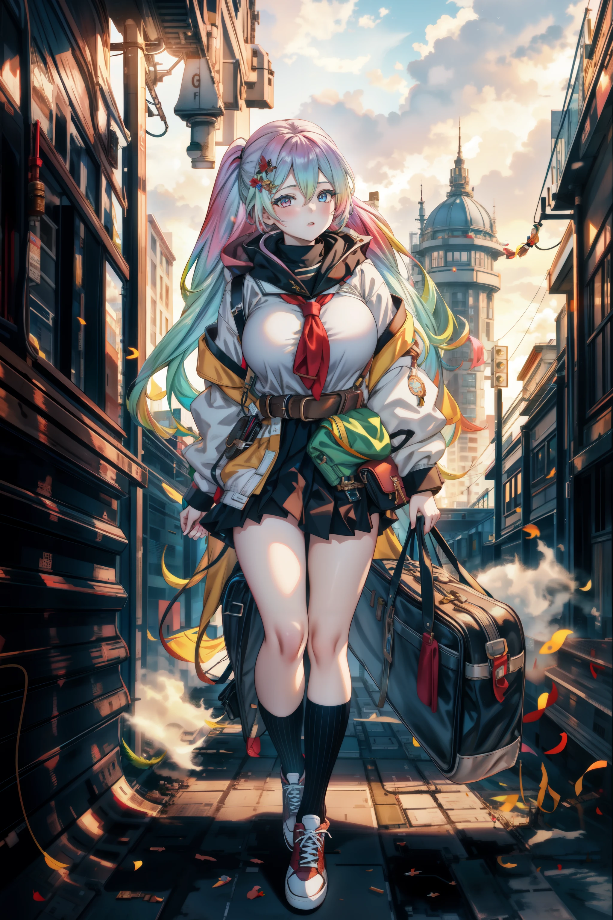1girl, multicolored hair, multicolored eyes,  bangs, bird, blue sky, breasts, building, city, cityscape, cloud, cloudy sky, hair between eyes, hair ornament, holding, kneehighs, large breasts, long hair, long sleeves, looking at viewer, outdoors, pleated skirt, school uniform, serafuku, shoes, skirt, sky, solo, standing, sunset, very long hair, <lora:Cupitan:1>
