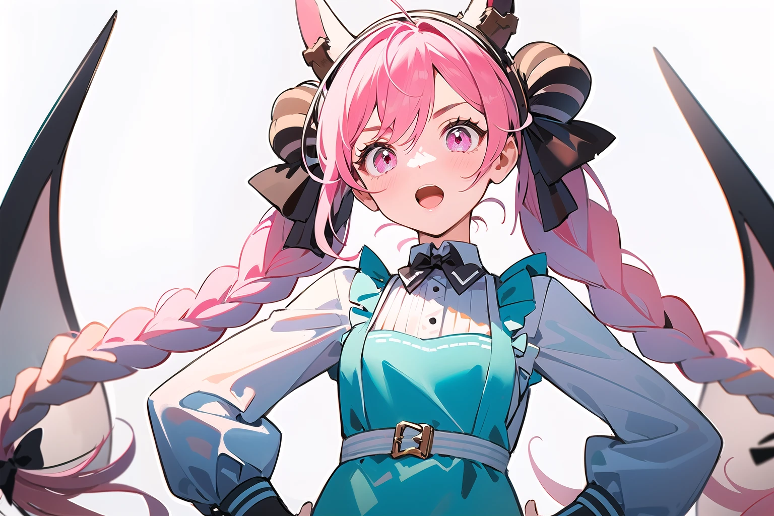 masterpiece,(masterpiece, top quality, best quality),1girl, pink hair, dress, pink eyes, braid, white background, animal ears, bow, apron, long hair, open mouth, simple background, striped dress, striped, solo, wings, hands on hips, long sleeves, twin braids, blush, :o, hair bow, looking at viewer, twintails, v-shaped eyebrows, aqua dress, blue dress, bangs, horns