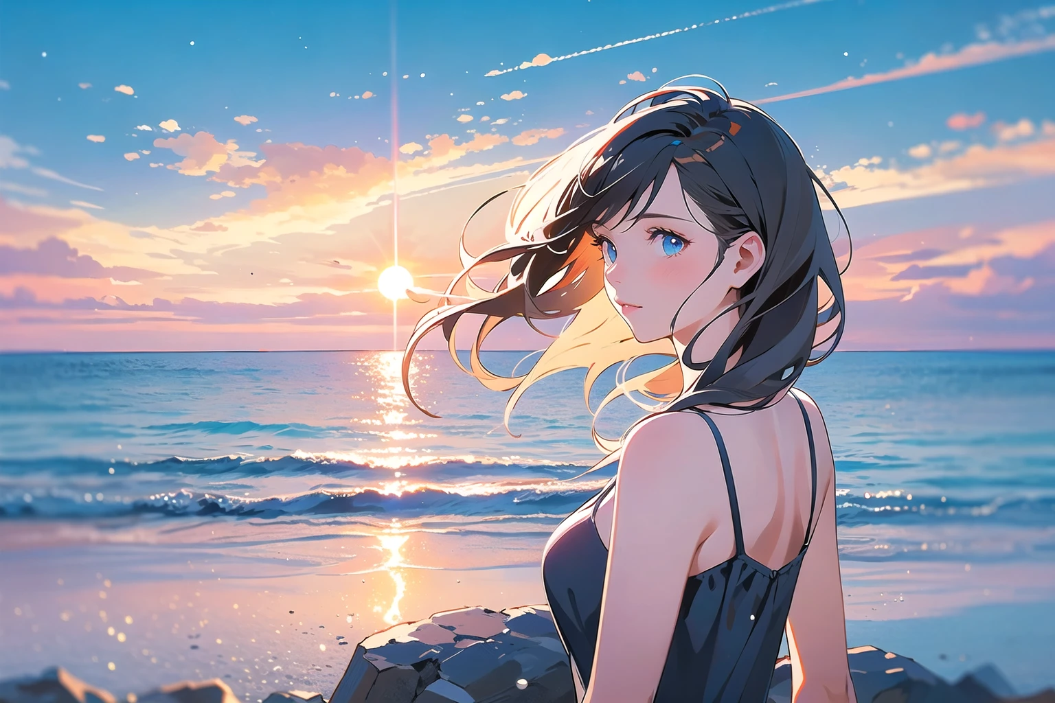 (best quality),(ultra detailed),(masterpiece),scenery, cloud, outdoors, sky, watercraft, water, ocean, boat, blurry, 1girl, cloudy sky, sunset, horizon, depth of field, rock, tree, standing