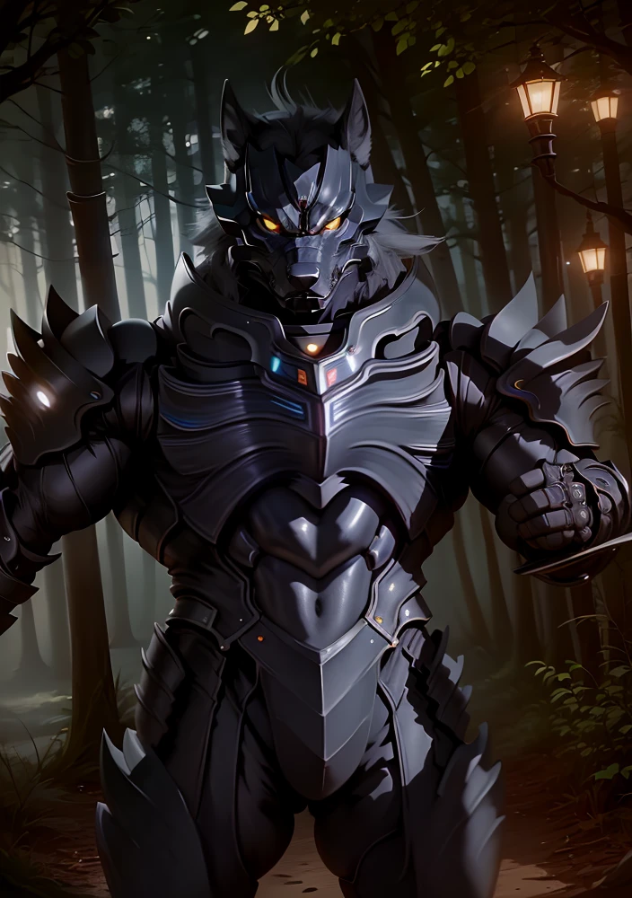 art by midjourney, CGI_Animation, (masterpiece:1.3), (best quality:1.5), anthro, (muscular), old, aged up, ((male)), (full body shot), dynamic lighting, ((male)), thick muscular body, powerful muscular body, ((bodybuilder body and wide powerful body and wide thick muscular body and powerful male body and muscles and muscled and thick arms and powerful arms and muscular arms and thick thighs and powerful legs and muscular legs and thick chest and wide chest and muscular chest and muscular abs and rippling muscles and powerful shoulders and muscular shoulders and muscular butt and thick muscular neck and powerful muscular back)), cinematic lighting, 8K, hi-fi, (perfect proportions:1.2), (armored muscular man:1.5), sharp focus, (illustration:1.1), (detailed), (intricate), (8k), (HDR), (cinematic lighting), (sharp focus), (color grading), black leather body suit, polished black armor, a wolf headed man in black armor with a horned wolf face helmet, glowing yellow eyes, Zen Aku, Zen-Aku, <lora:Zen Aku:1>
