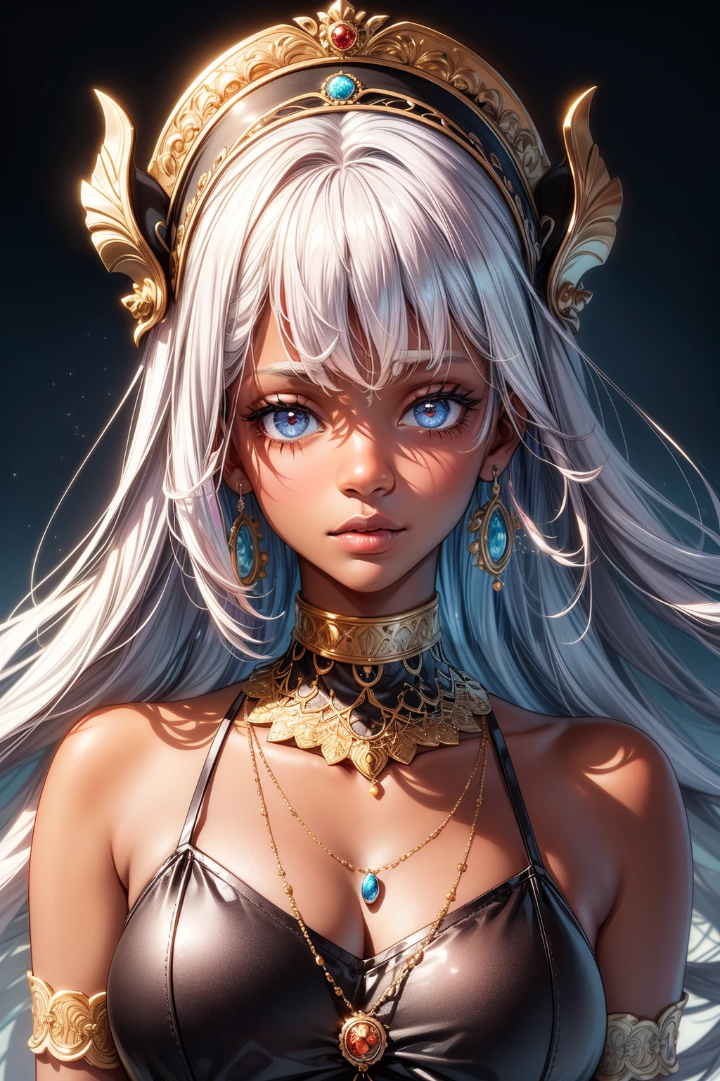masterpiece, best quality, ultra high res, 1 dark skinned African girl, (fractal art:1.3), deep shadow, dark theme, fully clothed, necklace, forlorn, <lora:add_detail:1>