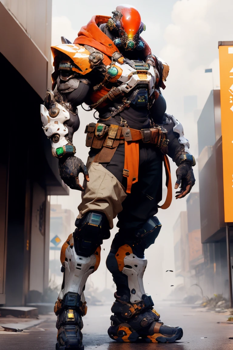 absurdres, 1boy, exosuit, machinery, military, gas mask, bald, upper armor, mechanical arms, solo, standing, looking at viewer, male focus, pants, boots, street, <lora:nijiarmor_v2:1>