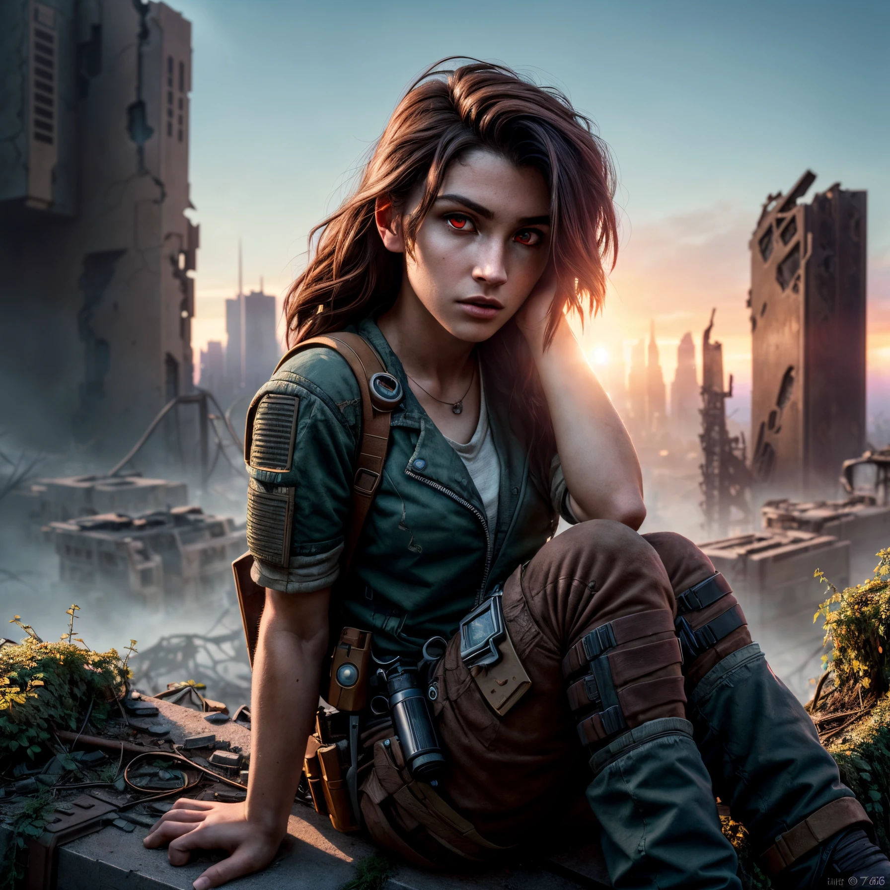 An 18 year old woman postapocalyptic outfit, siting on a ((((enigma ))) device , (epic post apocalyptic destroyes city overgrown ruins), detailed background, red eyes, close-up, amazing fine detail, RAW photo, Nikon D850 film stock photograph Kodak Portra 400 camera f1.6 lens, rich colors, lifelike texture, dramatic lighting, unreal engine, trending on ArtStation, cinestill 800 tungsten, ((new dawn on horizon))