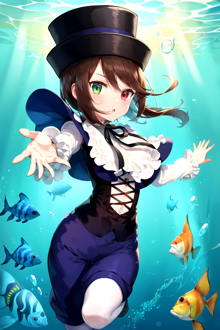 masterpiece, best quality, 1girl, <lyco:Souseiseki-000013:1.0>, souseiseki, frills, ribbon, capelet, pants, shirt, corset, hat, pantyhose, bubble, air bubble, underwater, fish, submerged, water, outstretched arms