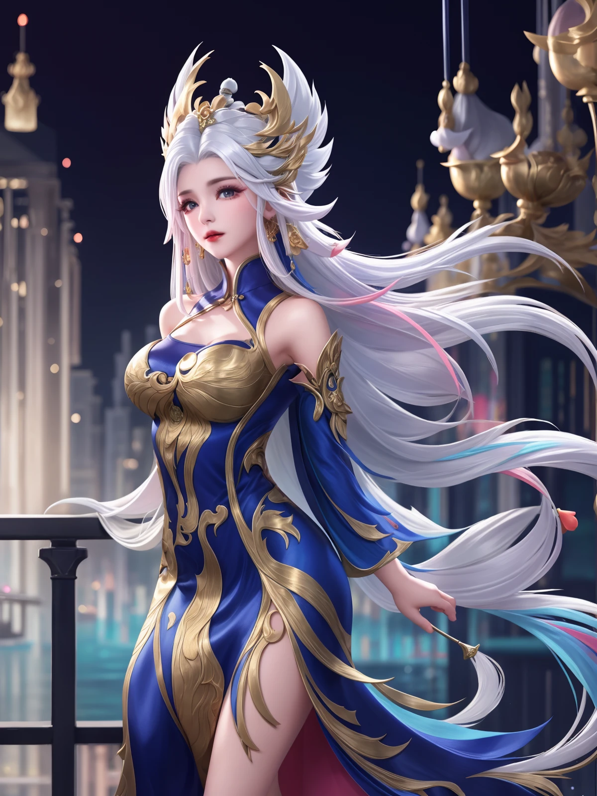 ,dress,long hair, hair ornament, standing, cityscape, night, lake, mature female, arms behind back, multicolored hair, white hair, looking at viewer, detached sleeves, <lora:w_20230707121337:0.75>