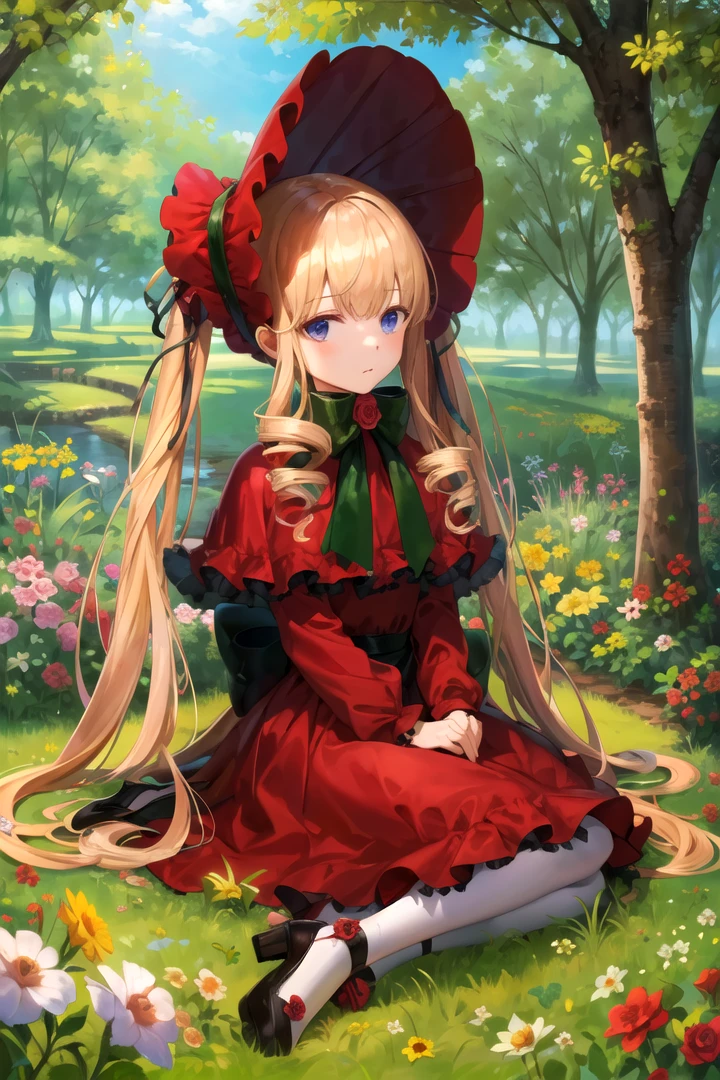 masterpiece, best quality, 1girl, <lyco:Shinku-000009:1.0>, shinku, capelet, dress, bonnet, bow, ribbon, pantyhose, shoes, emotionless, outdoors, nature