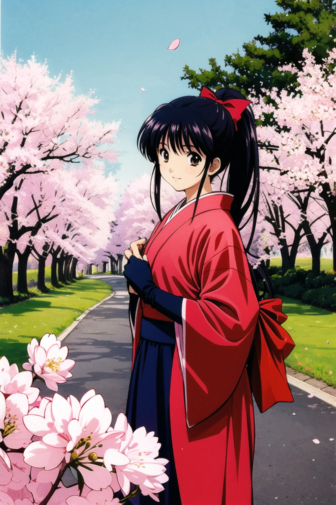 1girl, solo, cherry blossoms, bow, japanese clothes, long hair, gloves, ponytail, brown eyes, hair bow, fingerless gloves, black hair, kimono, <lora:sakura2:0.8>