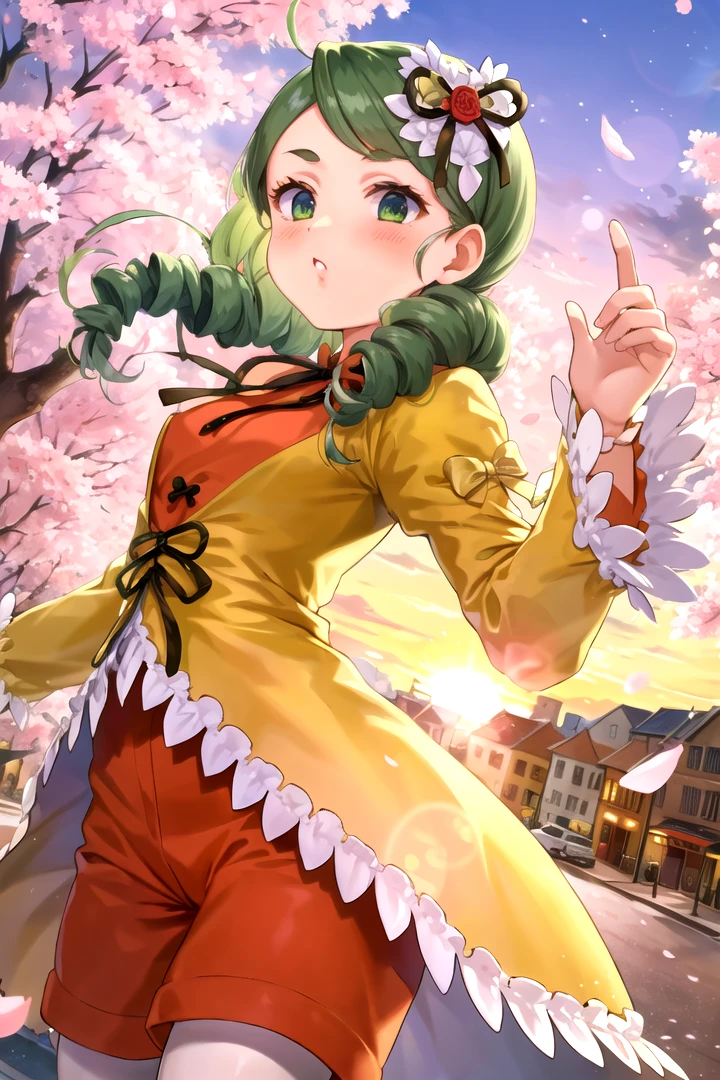 masterpiece, best quality, 1girl, <lyco:Kanaria-000011:1.0>, kanaria, hair ornament, dress, ribbon, pants, pantyhose, sunset, lens flare, retro townscape, blush, cherry blossom, floating petals