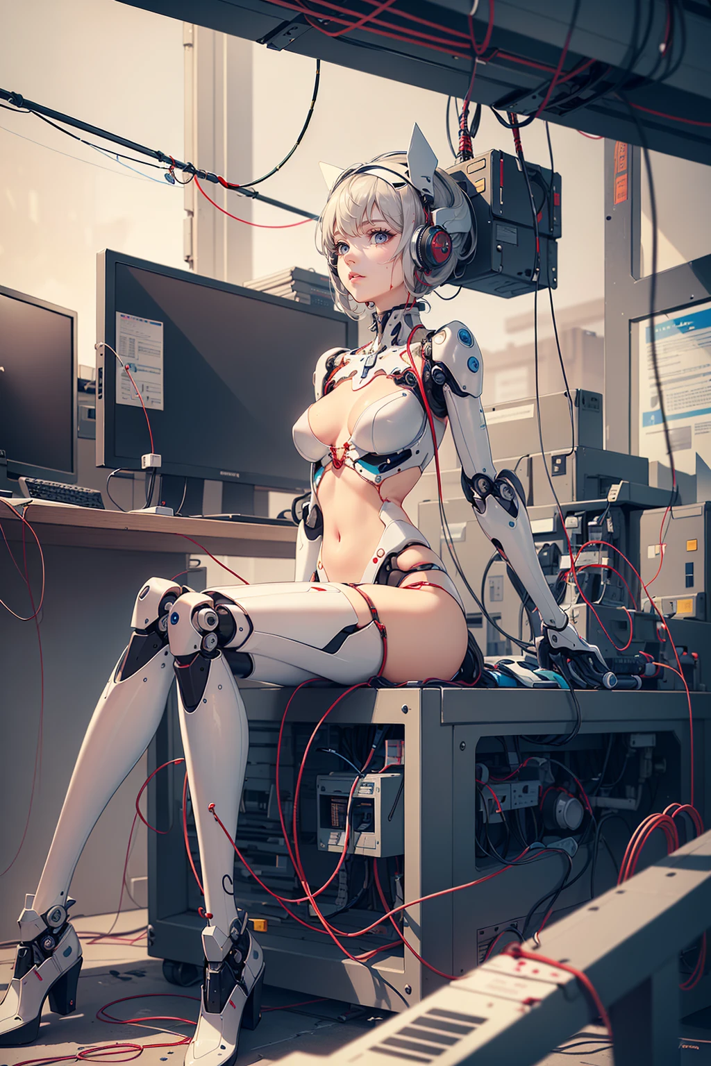 (((Perfect Face)))((Full shot)), (((masterpiece))), (((best quality))), ((ultra-detailed)), (highly detailed CG illustration), ((an extremely delicate and beautiful)),((Chest covered)), cinematic light,((1mechanical girl)),solo,((upper torso hanging by wires)),((Hanging by wires and tubes)), (((no legs attached))), (machine made joints:1.2),((machanical limbs)),(blood vessels connected to tubes),(mechanical vertebra attaching to back),((mechanical cervial attaching to neck)),(sitting),expressionless, (chest covered), (wires and cables attaching to neck:1.2),(wires and cables on head:1.2),(character focus),science fiction, extreme detailed, colorful, highest detailed
