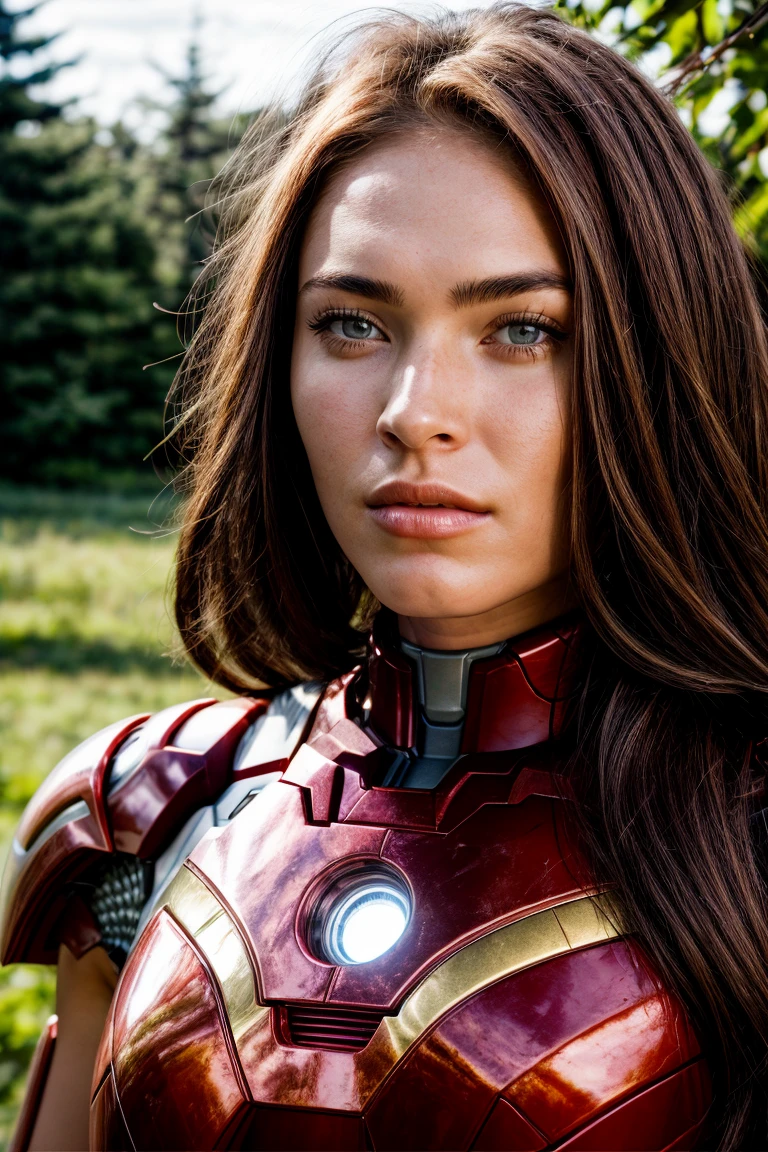 closeup portrait photo of megf, wearing iron man mark II armor suit, long hair, 4K, HDR, outdoors, sunny, portrait photo