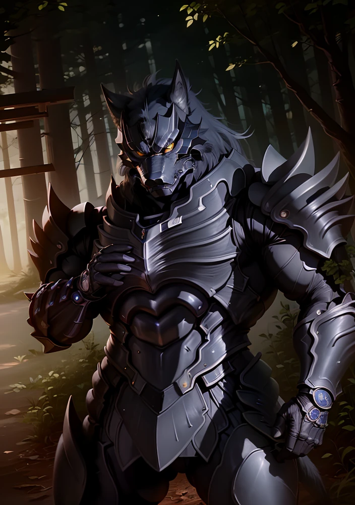 art by midjourney, CGI_Animation, (masterpiece:1.3), (best quality:1.5), anthro, (muscular), old, aged up, ((male)), (full body shot), dynamic lighting, ((male)), thick muscular body, powerful muscular body, ((bodybuilder body and wide powerful body and wide thick muscular body and powerful male body and muscles and muscled and thick arms and powerful arms and muscular arms and thick thighs and powerful legs and muscular legs and thick chest and wide chest and muscular chest and muscular abs and rippling muscles and powerful shoulders and muscular shoulders and muscular butt and thick muscular neck and powerful muscular back)), cinematic lighting, 8K, hi-fi, (perfect proportions:1.2), (armored muscular man:1.5), sharp focus, (illustration:1.1), (detailed), (intricate), (8k), (HDR), (cinematic lighting), (sharp focus), (color grading), black leather body suit, polished black armor, a wolf headed man in black armor with a horned wolf face helmet, glowing yellow eyes, Zen Aku, Zen-Aku, <lora:Zen Aku:1>