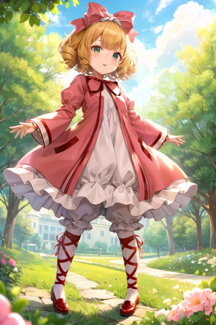 masterpiece, best quality, 1girl, <lyco:Hinaichigo-000010:1.0>, hinaichigo, bloomers, pantyhose, dress, bow, ribbon, shoes, outdoors, nature