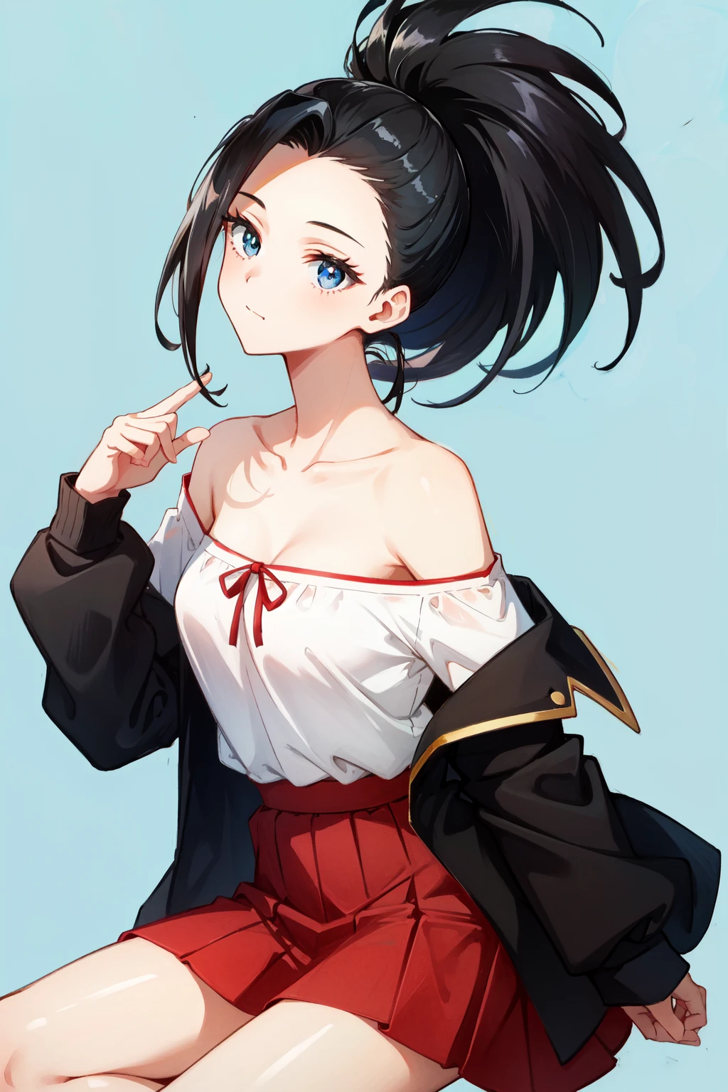 momo mha, 1girl, long sleeves, red skirt, ponytail, black hair, collarbone, off-shoulder shirt, bare shoulders, solo, shirt, long hair, looking at viewer, skirt, white shirt, floral print, black eyes, simple background, off shoulder, hair pulled back, blue background<lora:yaoyorozu_momo:0.8>