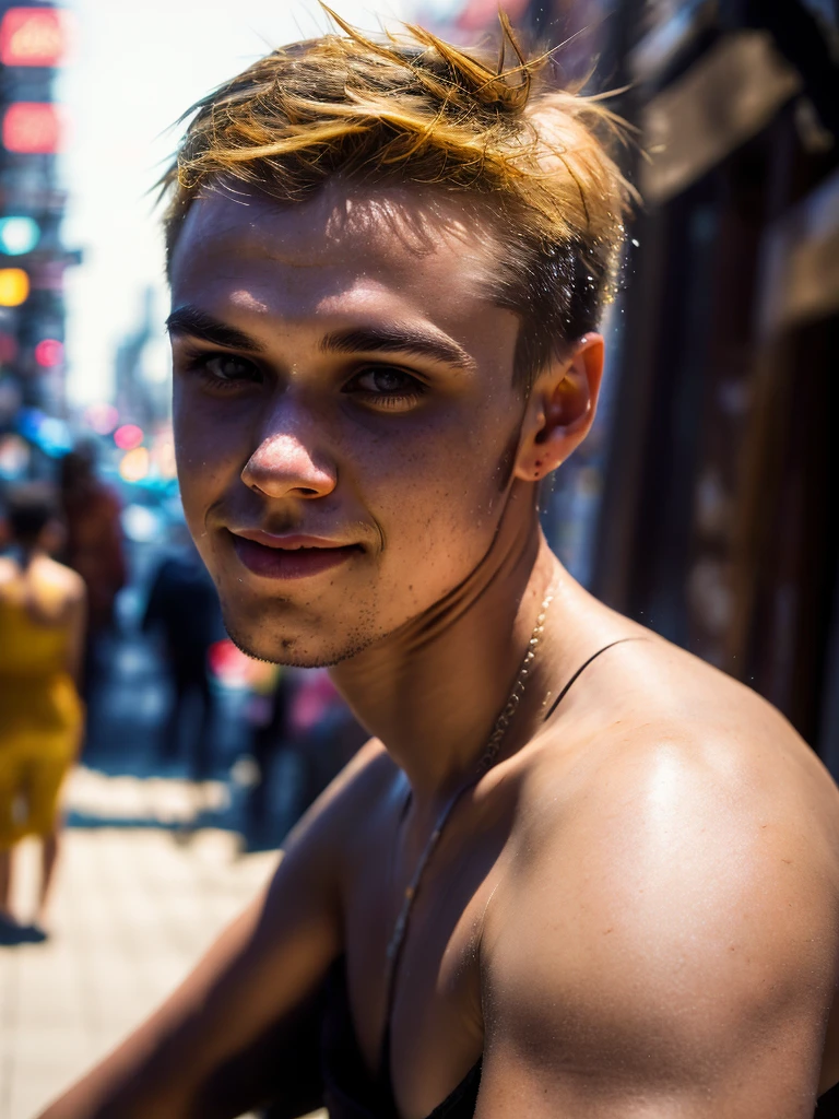 (full body:1)(upper body:1.3), ( masterpiece, photorealistic, raw:1.4 by portrait half body a young man in the Beach)(Red open shirt, straw hat, abs, short jean pants, yellow belt style ambuled cloth:1), focus centered, (solo:2) (ligtings magic in ambient :1.2) ,Highest quality, (very detailed background:1.4),(photorealistic, raw, extremely intricate:1.4) , it is night time, (highly detailed skin), skin texture, (detailed face), ( detailed eyes:1) (detailed face:1) (detailed iris and pupils :1)round pupils , sunny day, detailed background, sharp focus, twilight lighting, volumetric lighting, highly detailed, intricate details, 8k, highly detailed, UHD, HDR, cinematic action scene , smooth hair ,amazing perspective, looking front , perfect framing, profesional photo, young face, hiperrealistic anatomy, very slim man body young, ultrarealist skin , semi blonde hair, strong, fierce, bright lights, long (small face:1.2).rain, night, cyberpunk city, glowing neon lights