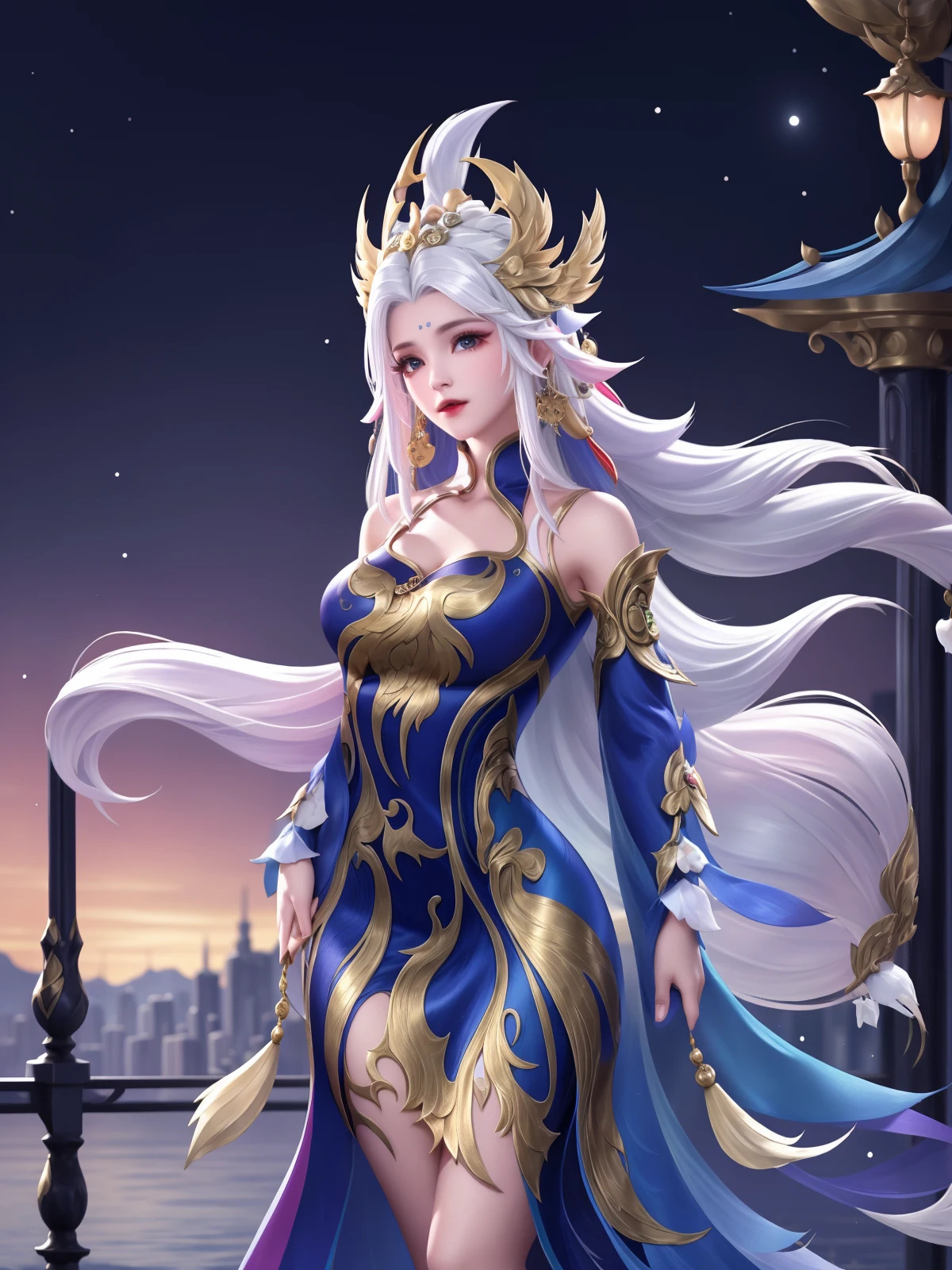 ,dress,long hair, hair ornament, standing, cityscape, night, lake, mature female, arms behind back, multicolored hair, white hair, looking at viewer, detached sleeves, <lora:w_20230707121337:0.75>