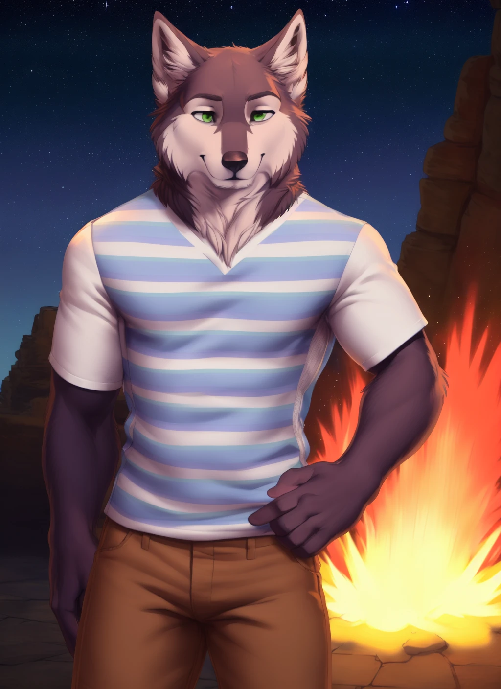 <lora:shoichiV2-07:1>, shoichi, solo, wolf tail, green eyes, (pose:1.3), (posing:1.3), (soft shading), 4k, hi res, ((detailed face, detailed eyes, detailed)), (full body), by zackarry911, by zaush, (by personalami:0.5), smile, shirt, 1boy, closed eyes, short sleeves, male focus, sky, striped, night, fire, star (sky), starry sky, arm at side, striped shirt, snout