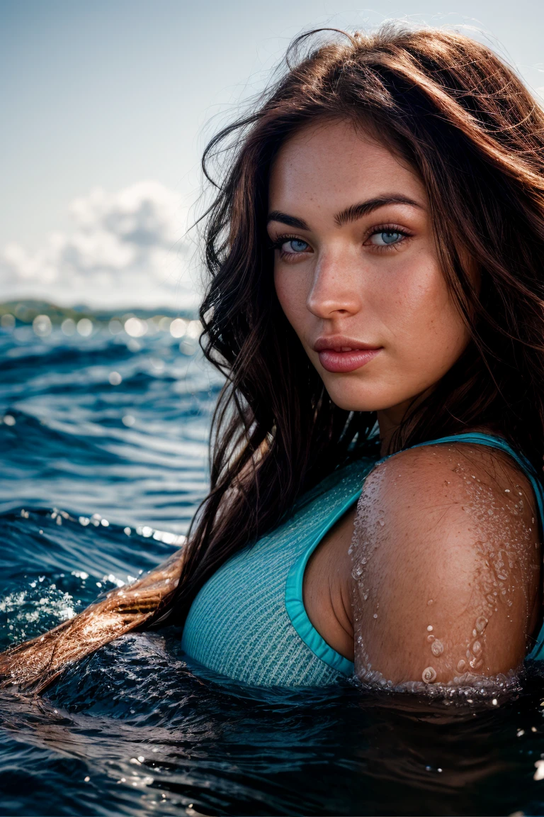 closeup portrait photo of megf,in a (ocean:1.2), detailed skin, shimmering water, 8k uhd, dslr, soft lighting, high quality, film grain, long hair, 4K, HDR, outdoors, sunny, portrait photo