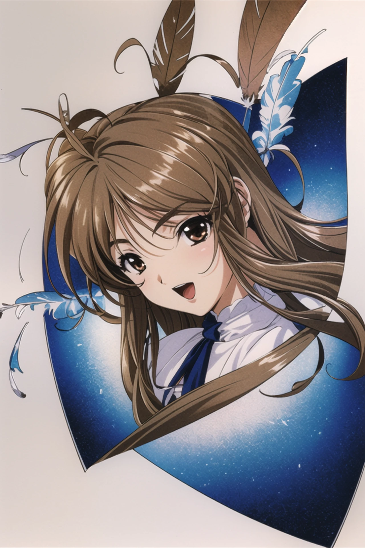 1girl, solo, long hair, brown hair, feathers, brown eyes, cross, traditional media, open mouth,<lora:sakura2:0.8>