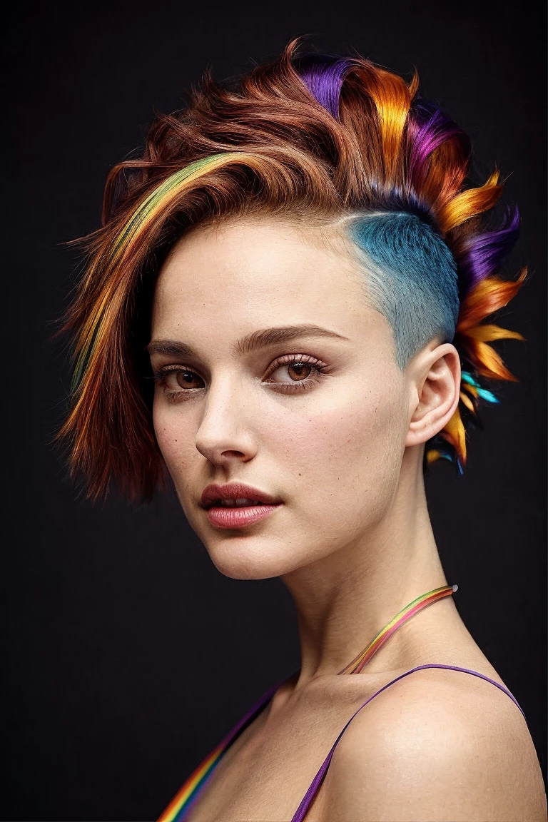 masterpiece, stunning closeup portrait photo of natpor,, by Flora Borsi, style by Flora Borsi, bold, bright colours, (rainbow colored Mohawk haircut:1.25), (Flora Borsi),
