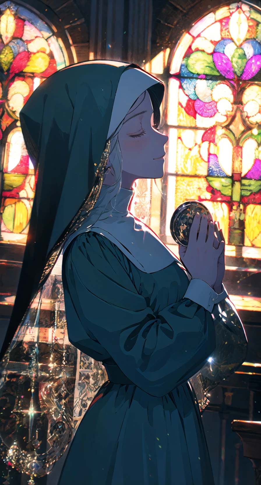 mirrornun, from side, stained glass, 1girl, solo, closed eyes, nun, praying, habit, long sleeves, profile, own hands together, blush, dress, hands up, black dress, closed mouth, smile, indoors, puffy long sleeves, puffy sleeves, church<lora:mirrornun-noise:1>