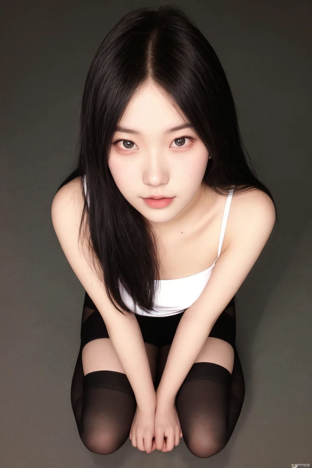 best quality,high resolution,unity 8k wallpaper,(illustration:1),perfect lighting,photo_\(medium\),photorealistic,realistic,
1girl, solo, black hair, thighhighs, long hair, sitting, looking at viewer, black eyes, lips,from above,