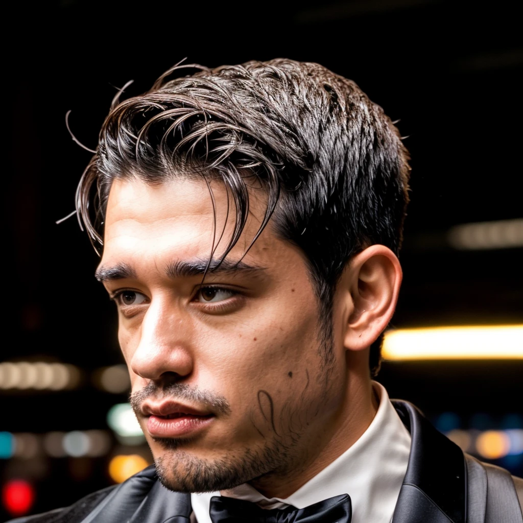 face portrait of victordominguez person using a tuxedo, in blade runner, professional photography, high resolution, 4k, detailed photo, <lora:victordominguez_12400:1>