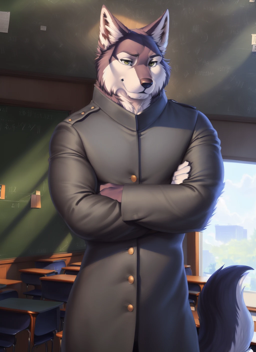 <lora:shoichiV2-07:1>, shoichi, solo, wolf tail, (pose), (posing), (soft shading), 4k, hi res, ((detailed face, detailed eyes, detailed)), (full body), by zackarry911, by zaush, (by personalami:0.5), gakuran, school uniform, crossed arms,