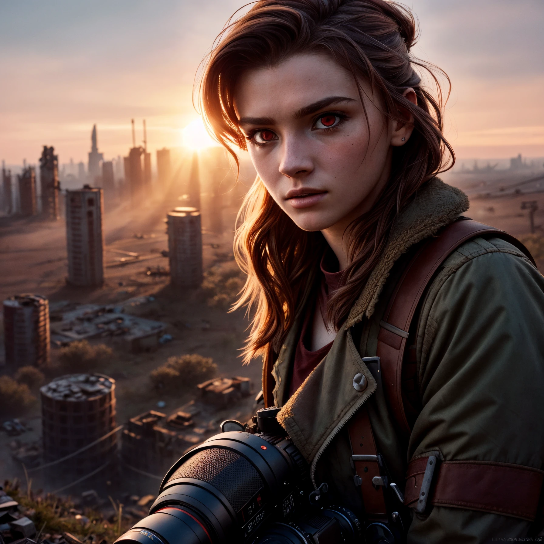 An 18 year old woman postapocalyptic outfit, (epic post apocalyptic destroyes city overgrown ruins), detailed background, red eyes, close-up, amazing fine detail, RAW photo, Nikon D850 film stock photograph Kodak Portra 400 camera f1.6 lens, rich colors, lifelike texture, dramatic lighting, unreal engine, trending on ArtStation, cinestill 800 tungsten, ((new dawn on horizon))