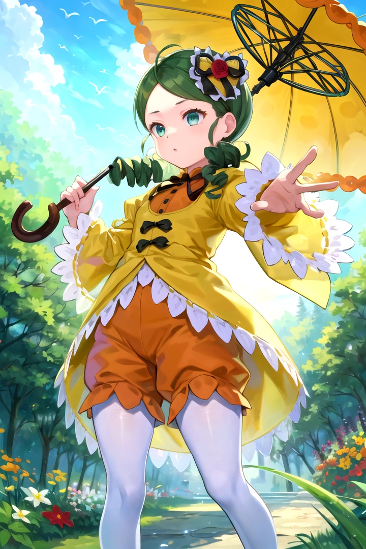masterpiece, best quality, 1girl, <lyco:Kanaria-000011:1.0>, kanaria, hair ornament, dress, ribbon, pants, pantyhose, outdoors, nature, umbrella