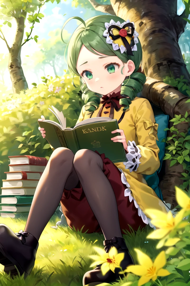 masterpiece, best quality, 1girl, <lyco:Kanaria-000011:1.0>, kanaria, hair ornament, dress, ribbon, pants, pantyhose, outdoors, nature, sitting on the floor , dark room , reading a book, looking away , shallow depth of field