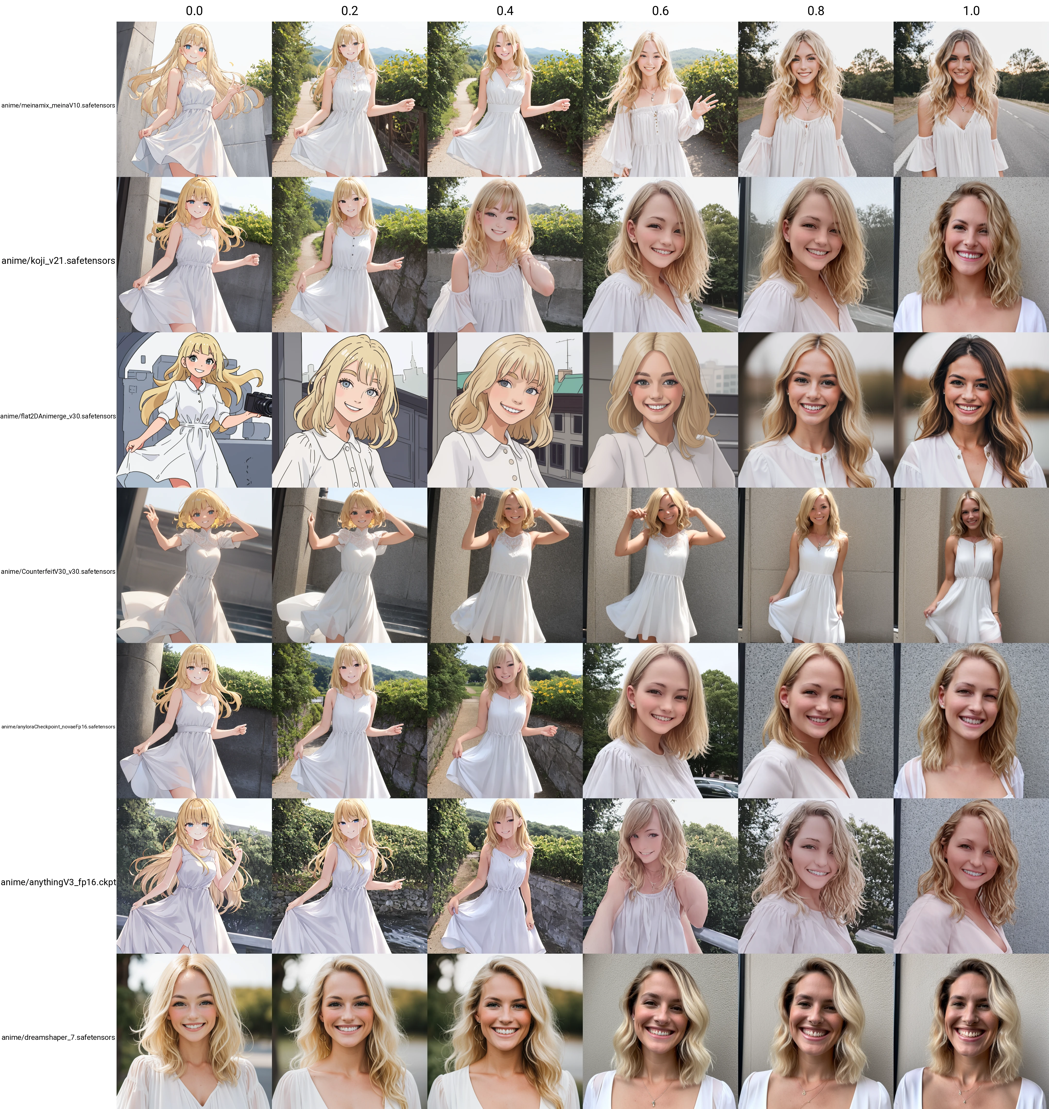 photo of a woman with blonde hair, medium shot, white dress, smiling at camera <lyco:de-anime-er_v10:1.0>
