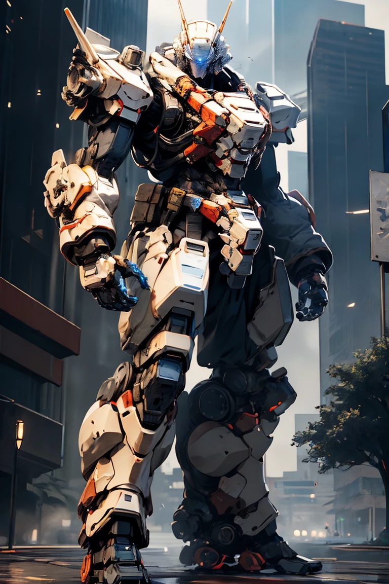 high quality, mechasuit, mecha, military, helmet, assault rifle, full armor, mechanical arms, mechanical legs, solo, standing, no humans, full body, city, day, <lora:nijiarmor_v2:1>