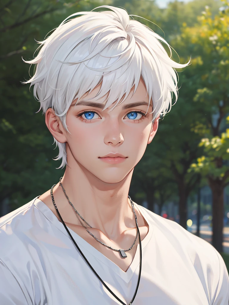 best quality,masterpiece,highres,realistic,1boy,male focus,solo,upper body,looking at viewer,white hair, short hair, blue eyes, park, chain necklace, white shirt, huge ,