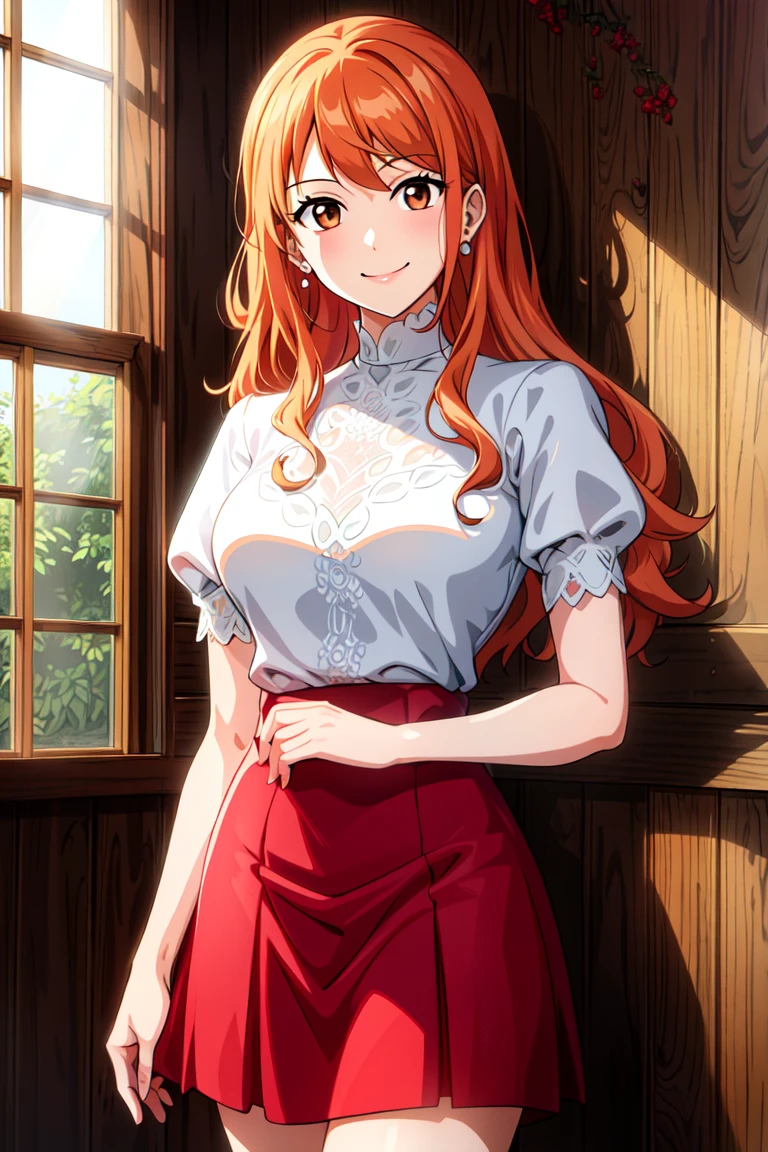 masterpiece, ((ultra detailed background, delicate pattern, intricate detail)), (highly detailed, fine details), best quality, beautiful lighting, ((medium breasts, slim girl)), NamiFinal, ((white shirt, red skirt)), simple shirt, 1girl, orange hair, solo, long hair, jewelry, brown eyes, smile, earrings, covered shoulders, (complex detailed background, inside, room environment, wooden walls, window, light rays), (cowboy shot), <lora:NamiFinalTen:0.8>