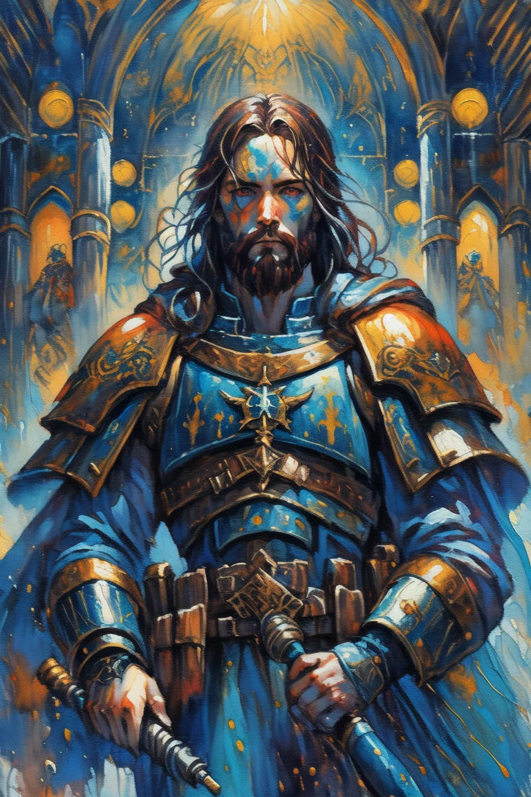 Jesus Christ wearing a Warhammer 40k space marines, cinematic lighting, inspiring, vibrant, epic, (impressionist gouache oil on canvas painting:1.5), ultra sharp, hyper detailed, hyper realism, masterpiece, professional CGI, HDR, UHD, best quality, high resolution, 8k resolution