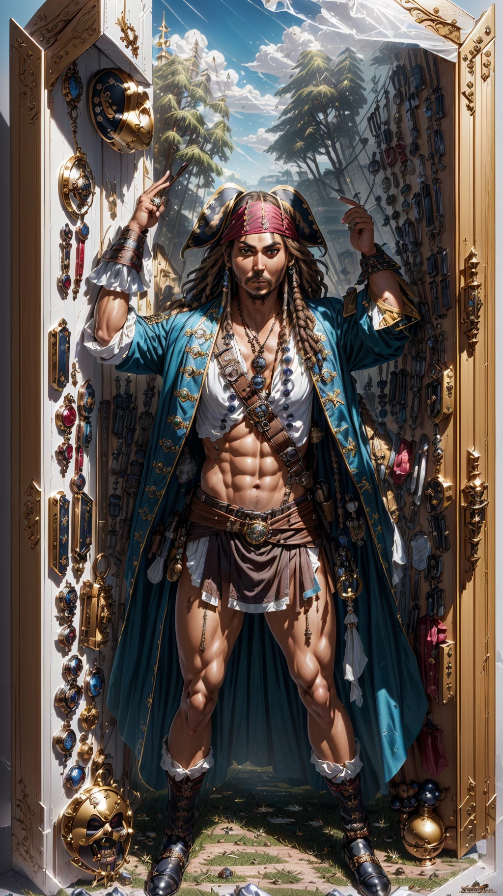 (premium playset toy box), (Intricate:1.4), (masterpiece, best quality, ultra detailed, absurdres),  (action figure box:1.4),
(inboxDollPlaySetQuiron style:1.3), the  (Captain Jack Sparrow (Pirates of the Caribbean): Jack Sparrow's dreadlocked hair, tattered pirate attire, and charismatic swagger make him a fun and recognizable cosplay choice.:1.2),     (toy playset pack),
<lora:quiron_inboxDollPlaySet_v1_lora:1.18>